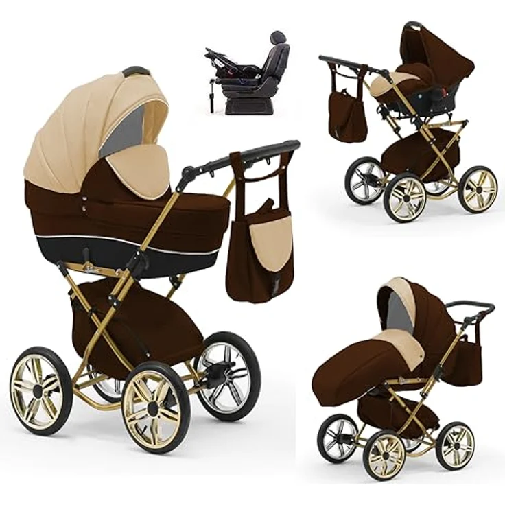Elcar Klassischer Kinderwagen Sorento Gold 5 in 1 inkl. Sportsitz, Autositz und Iso Base in 19 Farben – Bild 1