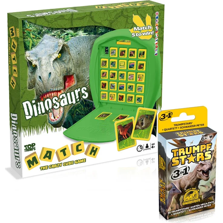 Gomazing Dinosaurier Spiele 2er Set - Match & Trumpfstars, Würfel- und Kartenspiel mit 25 Dinosaurier-Motiven, geeignet für Kinder und Familien