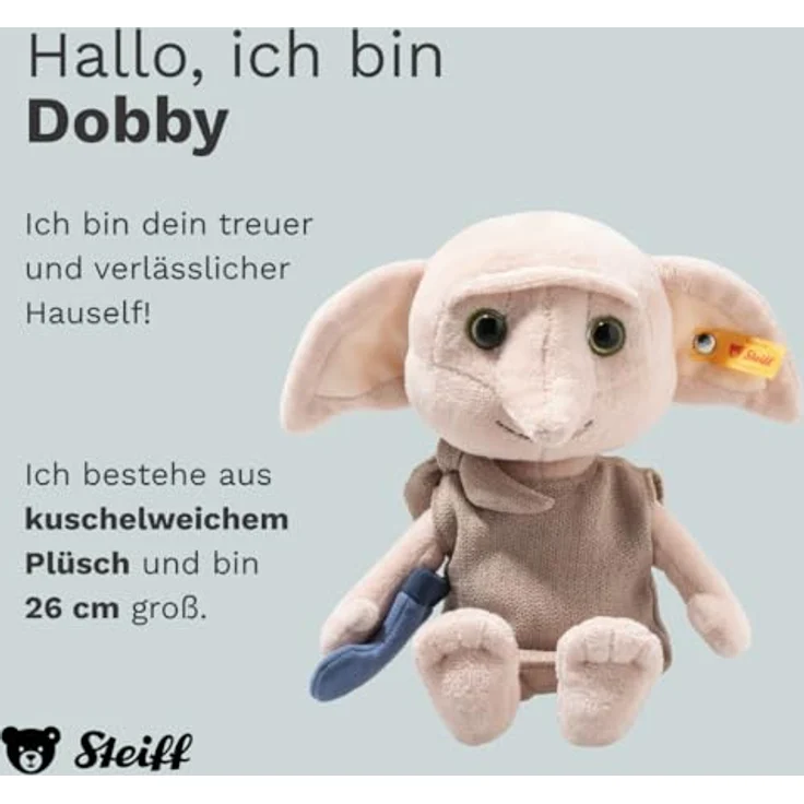 Steiff Kuscheltier Dobby, Harry Potter, 26 cm Plüschtier mit Kunststoffaugen, mehrfarbig, handgefertigt, waschbar bei 30°C – Bild 2