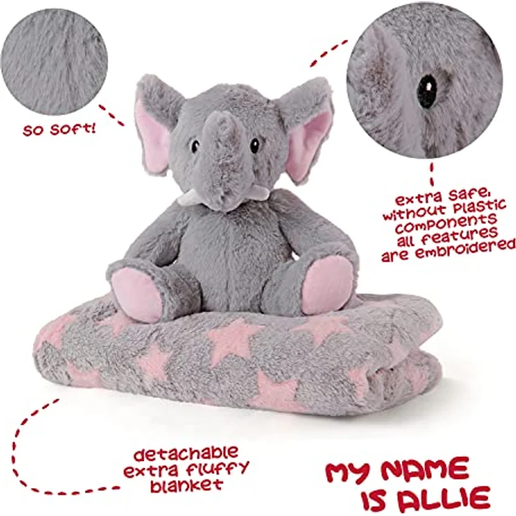 Perletti Allie Elephant, Plüschtier 22 cm mit Babydecke 120 x 80 cm aus hochwertigem Polyester, mehrfarbig mit Elefantenmotiv – Bild 3