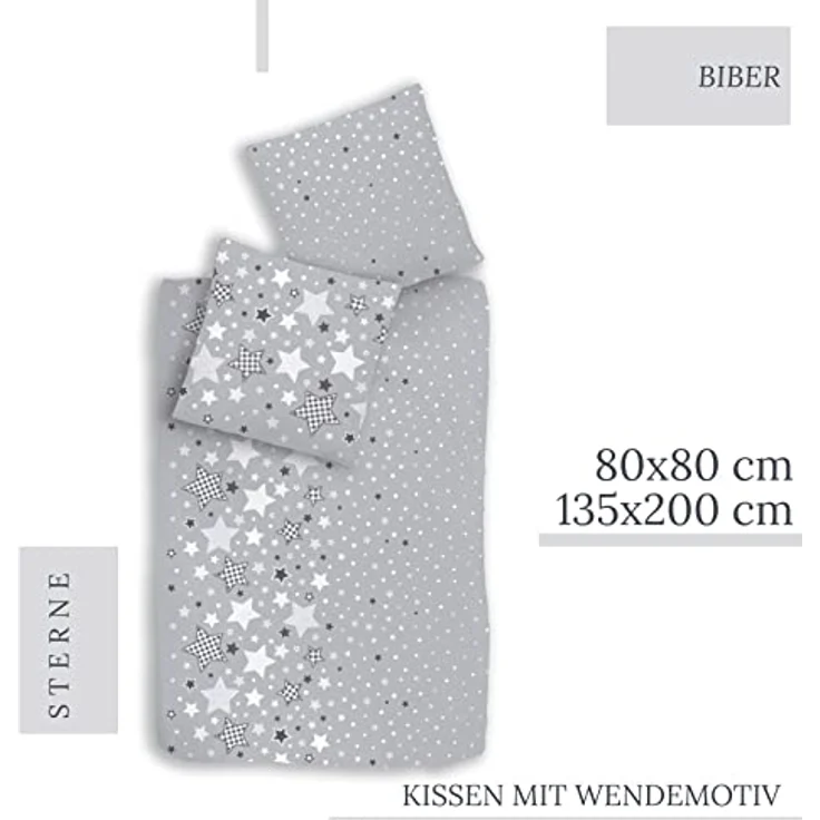 MTOnlinehandel Biber Bettwäsche 135x200 Sterne-Motiv, Teenager-Bettwäsche, Kinder-Bettwäsche für Mädchen und Jungen, Kissenbezug 80x80 + Bettbezug 135x200 cm - 100% Baumwolle Winter warm – Bild 3