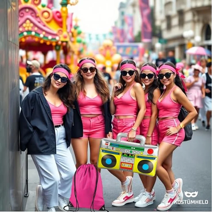 TK Gruppe Timo Klingler 5 in 1 - Retro pink Set mit Stirnband & Ghettoblaster uvm. - als Accessoire Vokuhila Kostüm zu Retro neon 80er 90er Fasching & Karneval – Bild 2