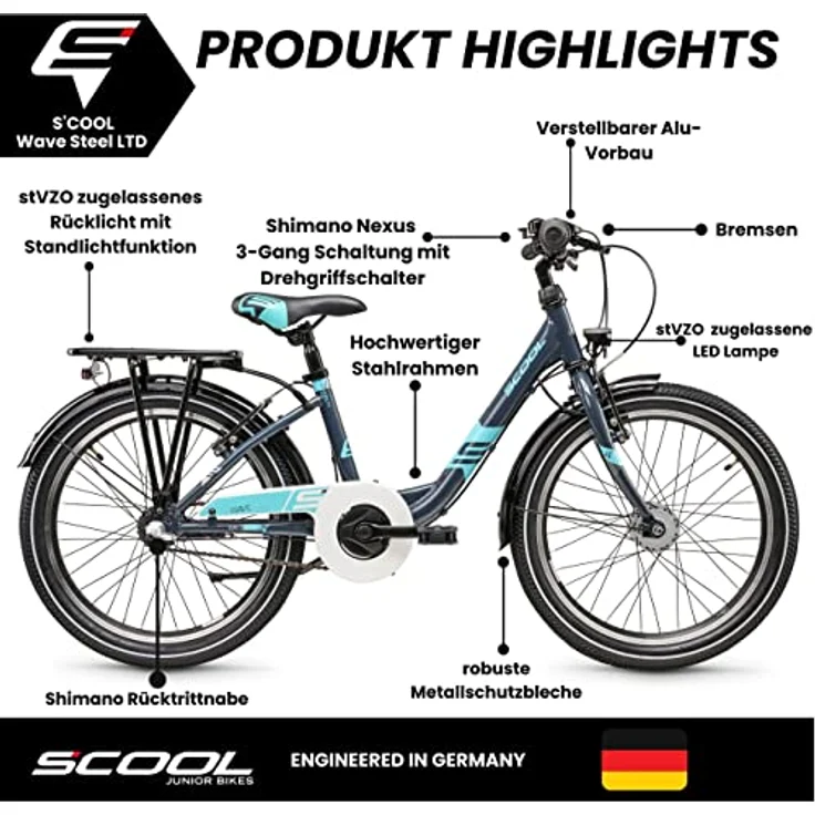 S'COOL Wave Steel LTD Jugendfahrrad für Mädchen | 20, 24 und 26 Zoll | Shimano Nexus 3-Gang Schaltung | StVZO Beleuchtung | Stahlrahmen | Limited Edition – Bild 2