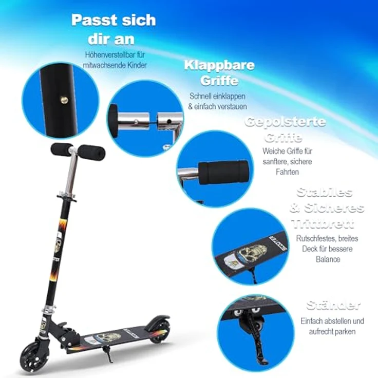 Habib Gruppe Kinderroller – Mitwachsender Tretroller & Scooter mit 4-fach höhenverstellbarem Lenker, klappbar und LED-Rädern für Kinder 3-10 Jahre, schwarz – Bild 2