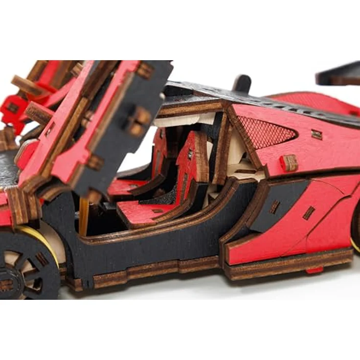 Eco Wood Art Modellbausatz Racing Car Rennauto, 237-teilig, Holzmodell in rot oder gelb mit Federmechanismus und öffnenden Türen – Bild 4