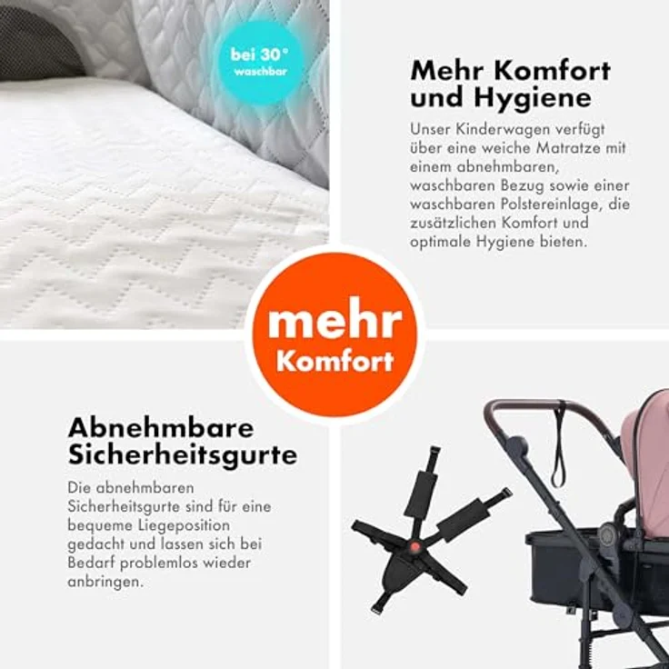 Daliya® NEOMOVE 2in1 Kombi-Kinderwagen | Buggy mit klappbarer Babywanne und Sportsitz | Leichter Alu-Rahmen, große pannensichere Räder, individuell einstellbare Rückenlehne | Großer Einkaufskorb (Schwarz-Rosa) – Bild 5