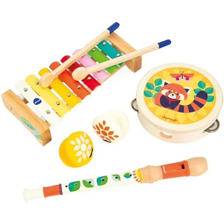 Janod Gioia Musikset 4 Kinderinstrumente aus FSC-Holz, Rollenspiel und Musikalische Früherziehung, Wasserfarbe, Ab 18 Monaten