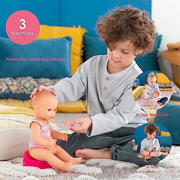 Corolle Emma Trink und Näss Badebaby, Vollvinylpuppe mit Schlafaugen, Trink und Nässfunktion, Schnuller, Flasche, Töpfchen, Vanilleduft, 36cm, ab 2 Jahren – Bild 5
