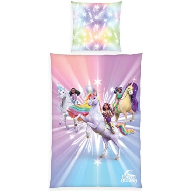 Herding Bettwäsche Unicorn Academy, 100% Baumwolle/Renforcé, Kopfkissenbezug 80 x 80 cm, Bettbezug 135 x 200 cm, Reißverschluss, Wendemotiv, Multicolor – Bild 1