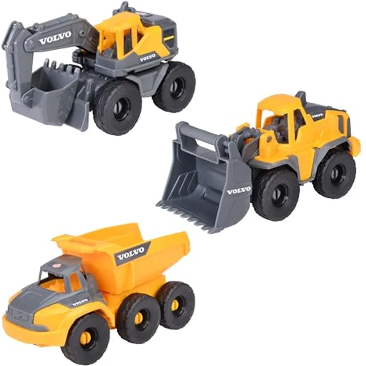 Dickie Toys Volvo Baustellenfahrzeuge (3 Stück) - Spielzeugautos für Kinder ab 3 Jahre, 16 cm, mit Freilauf und beweglichen Teilen, Gelb-Grau