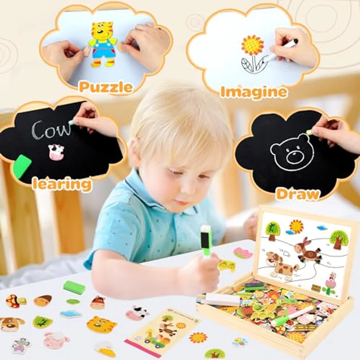 COOLJOY Magnetisches Holzpuzzle mit Doppelseitiger Tafel, Flyfun Holzspielzeug Puzzles Kinder 3 Jahre, Pädagogische Lernspiel 100 Bunten Teile, Kreativ Geschenk für Kinder (Farmmuster) – Bild 6
