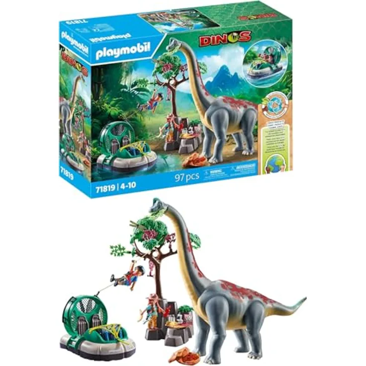 PLAYMOBIL 71819 Brachiosaurus-Begegnung, Spielset mit Hovercraft und Zipline-Forscher