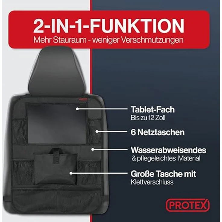 PROTEX© Rückenlehnenschutz Organizer mit 12 Zoll Tablet Fach, schwarz - Testsieger 2025, wasserabweisend, 8 Fächer, einfache Montage, 100 Tage risikofrei testen – Bild 3