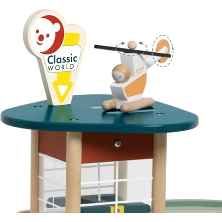 Classic World Parkhaus Vintage, Spiel-Parkhaus mit Heli und 3 Autos, 55x30x46,8cm, Holz und Bioplastik, ab 3 Jahre – Bild 5