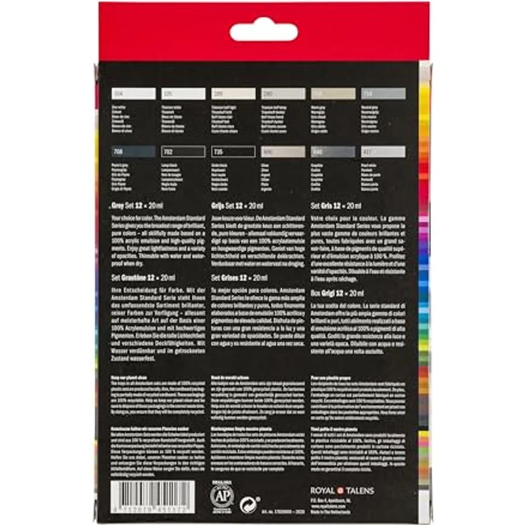 Amsterdam Standard Series Acrylfarbe Grauton-Set, 12 x 20 ml, monochromes Set mit Weiß-, Grau- und Schwarztönen, seidenmattes Finish – Bild 2