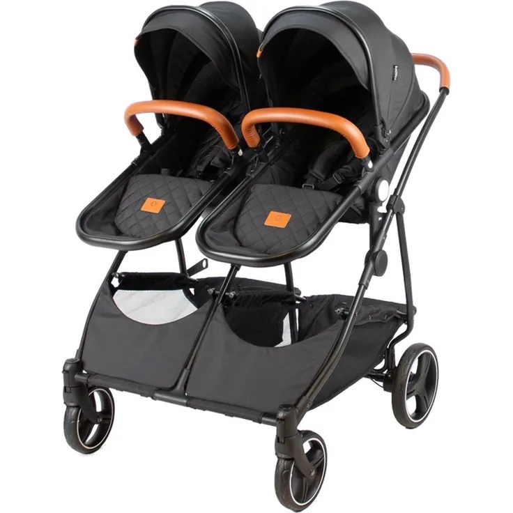 BabyTrold Sibbi Duo night Geschwisterwagen, Kombikinderwagen mit drehbaren Sitzen, ergonomischen Sitzen und Eco-Leder-Griffen, schwarz