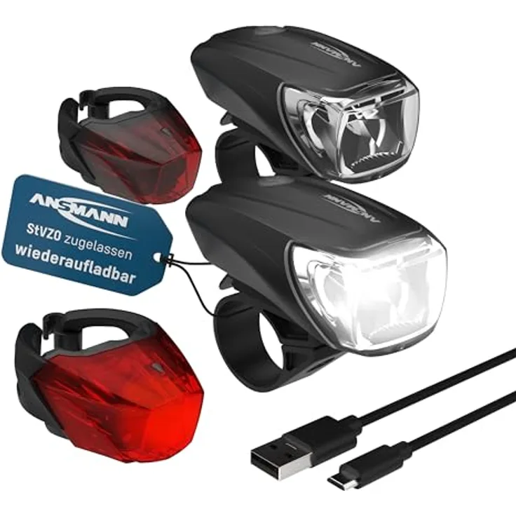 ANSMANN AG LED Fahrradbeleuchtung Set, aufladbar, StVZO-konform, Vorderlicht 170 Lumen & Rücklicht, spritzwassergeschützt, USB-Ladung