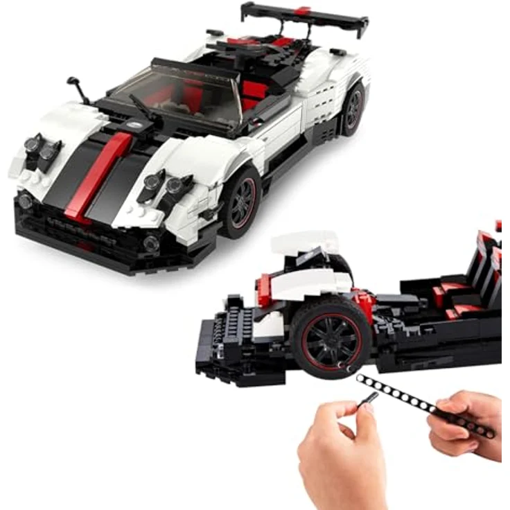 JAMARA Pagani Zonda Cinque 1:16 Bricks, Modellbau DIY Bausatz Rennwagen Auto, 1024 Teile, ab 8 Jahre, Weiss, Türen und Fronthaube manuell bewegbar – Bild 1