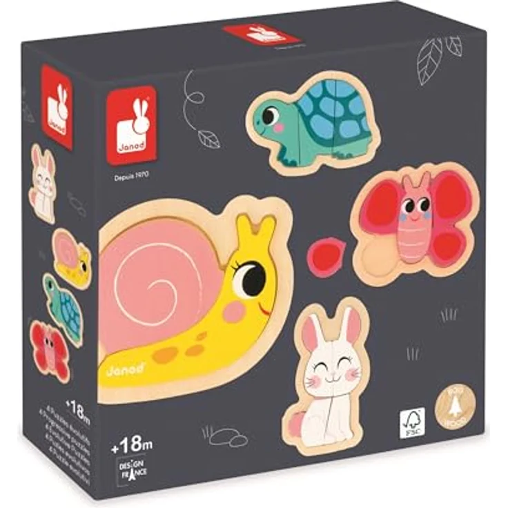 Janod - 4 Holzpuzzle mit 2 bis 5 Teilen - Puzzle zum Thema Gartentiere - Kinderspielzeug - Pädagogische Spiele - Baby- und Kleinkindspielzeug Ab 18 Monaten, J07116 - Lernspiel für Kleinkinder zur Förderung von Hand-Augen-Koordination und Feinmotorik – Bild 2