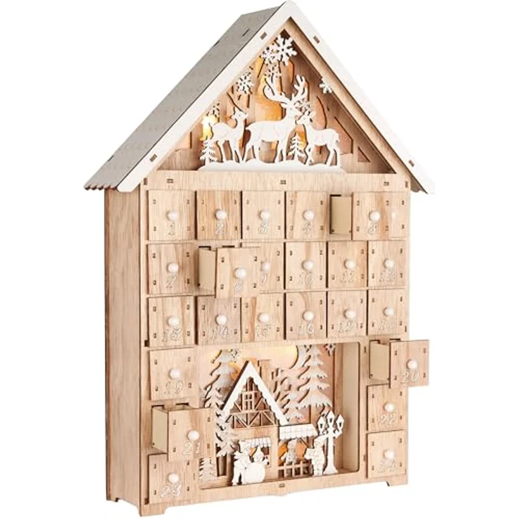 BRUBAKER Adventskalender zum Befüllen - Weihnachtshaus 2024 - Holz mit LED Beleuchtung - Rentiere im Wald, Schnee Dorf mit Kindern - 40 cm Haus Kalender Beleuchtet – Bild 5