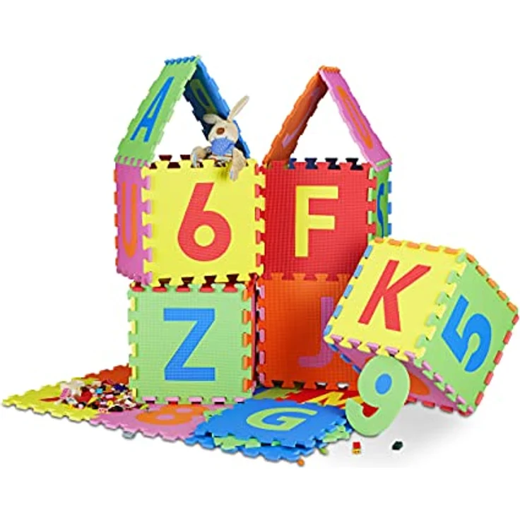 Relaxdays Spielmatte Puzzle 86 tlg, Puzzlematte Buchstaben u. Zahlen, EVA Schaumstoff Spielteppich BxT 180x180 cm, bunt – Bild 1