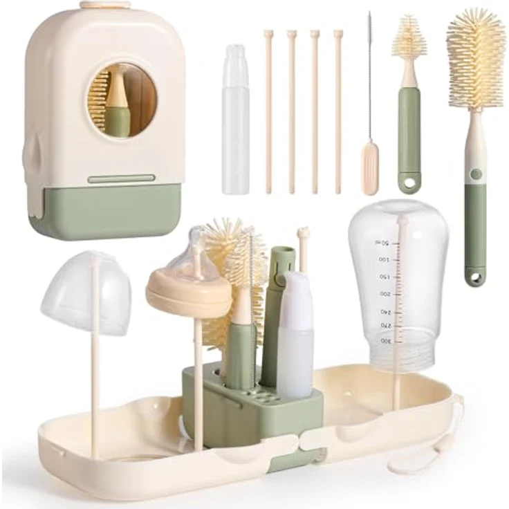 Diboniur Set Flaschenbürsten Baby 7 in 1, inklusive Saugerbürste, Strohhalmbürste, Abtropfgestell und Aufbewahrungsbox, Silikon – Bild 1