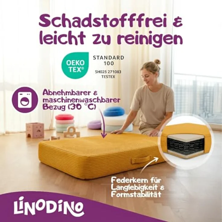 Hüpfpolster Gänseblümchen Gelb mit Federkern, rutschfester Unterseite, Tragegriff und abnehmbarem, waschbarem Cord-Bezug – Bild 4