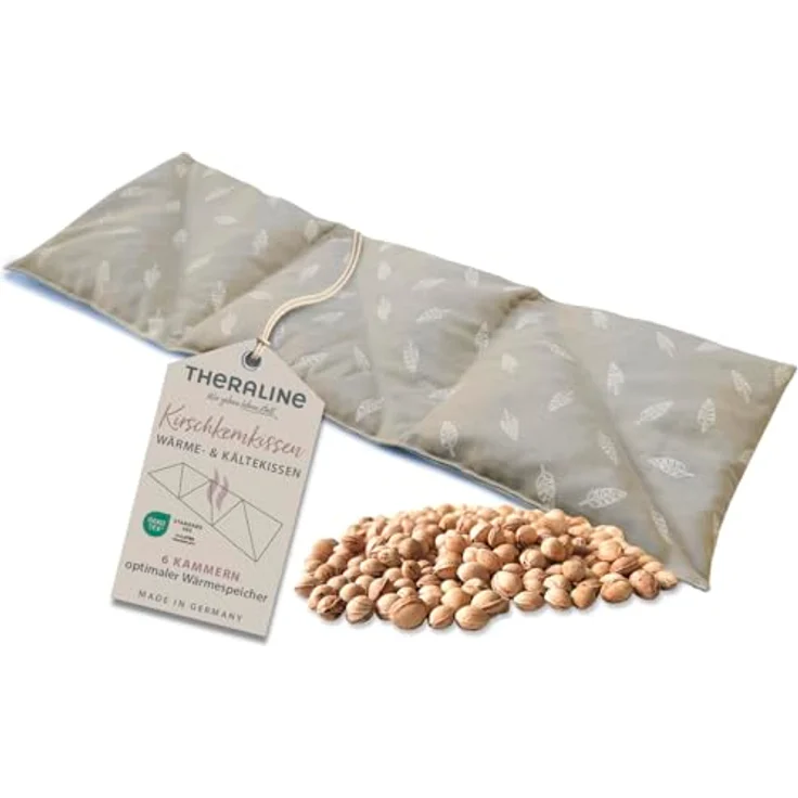 Theraline Kirschkernkissen groß 55x20 cm – Wärmekissen mit 6 Kammern und 100% Baumwollhülle für Nacken, Schultern & Rücken, Blättertanz taupe – Bild 1