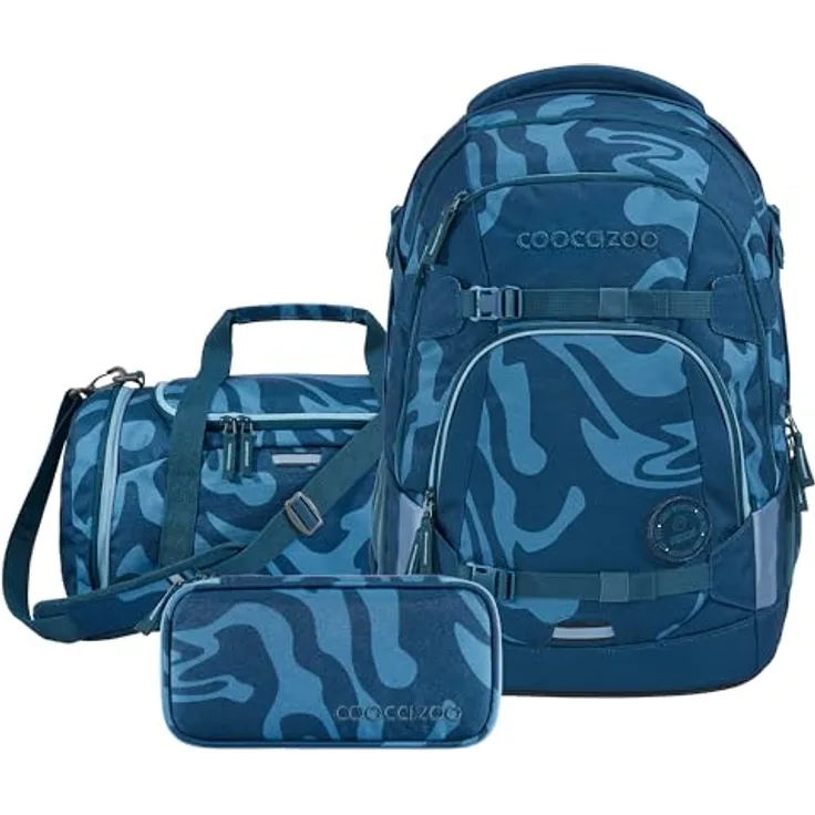 Coocazoo Schulrucksack-Set Mate „Breaking Waves“, ergonomischer 30L Tornister, blau, höhenverstellbar mit Hüftgurt, inkl. Federmäppchen und Sporttasche für Kinder ab der 5. Klasse