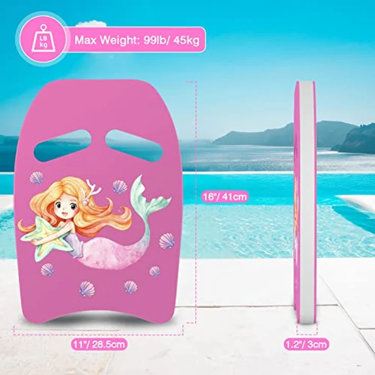 MoKo Kinder Schwimmbrett, Kickboard mit ergonomischen Griffen und Cartoon-Muster, rosa Meerjungfrau, für Schwimmtraining bis 45 kg – Bild 5