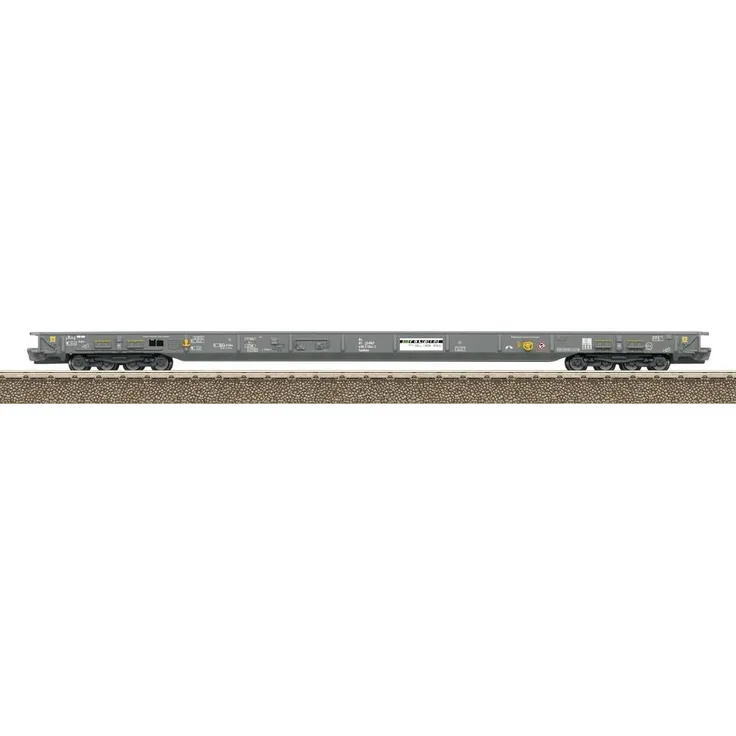 TRIX H0 T24440 Niederbordwagen DC, Niederflurtransportwagen Bauart Saadkms, quarzgrau, 21,4 cm Länge, inkl. Haltekeile und Sonderkupplung