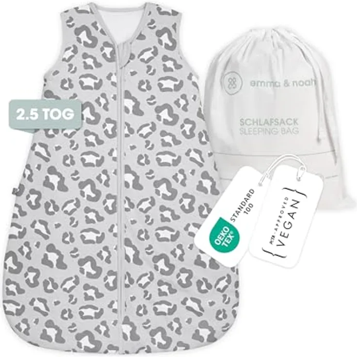 emma & noah Baby Schlafsack 2.5 TOG, Strampelsack für den Herbst und Winter in vielen Farben, Bio-Baumwolle, OEKO-TEX Zertifiziert, Schlafsack für Neugeborene (Leo Grau, 70 cm)