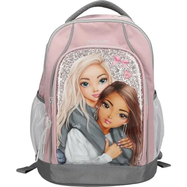 Depesche TOPModel My BFF, Schulrucksack in Rosa und Grau, mit Model Motiv, Glitzer, Teleskopgriff und Rollen, 40 x 30 x 19 cm