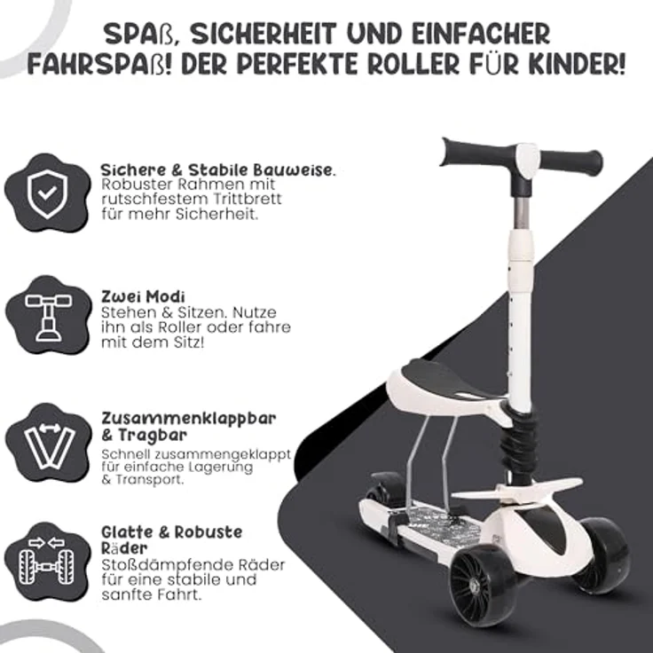 Habib Gruppe 3-in-1 Kinderroller mit Sitz, Faltbar und Höhenverstellbar, Dreirad Tretroller mit LED Rädern, für Kinder ab 3 Jahren (bis 50kg), Schwarz – Bild 5