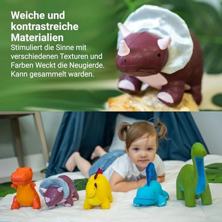 Little Big Friends Penelope der Triceratops, Sensorisches Kuscheltier aus veganem Leder mit Farben, Texturen und bimmelnder Glocke, leicht zu reinigen – Bild 4