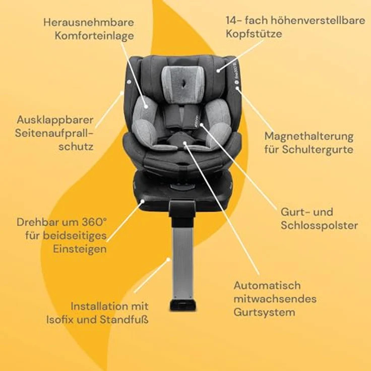 Osann Autokindersitz Eno360 SL i-Size, 360° drehbarer Reboarder Kindersitz Isofix, ab Geburt bis 12 Jahre, 40-150 cm, Baby Autositz, grau – Bild 4