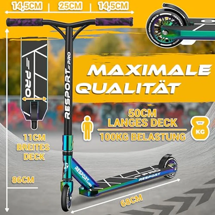 RE:SPORT Stunt Scooter REVO PRO, inkl. Ständer, 110mm PU Wheels, ABEC 9 Kugellager, Profi Trickroller für Kinder & Erwachsene, Y-Bar Design – Bild 7