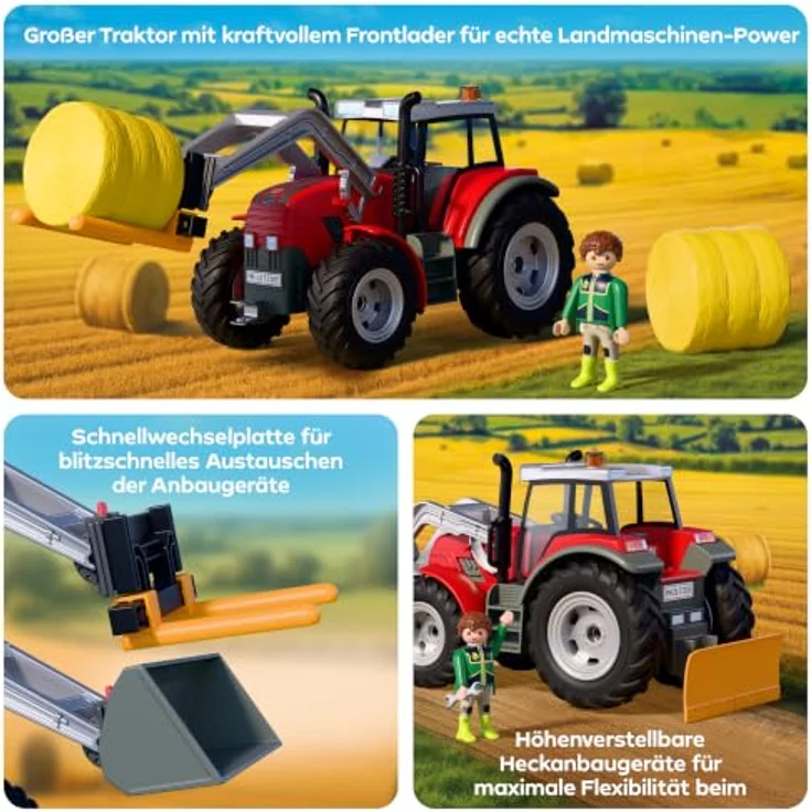 Playmobil Large Tractor with Hay Bales, Spielzeug-Traktor mit Frontlader, Rundballengabel und verstellbaren Anbaugeräten – Bild 4