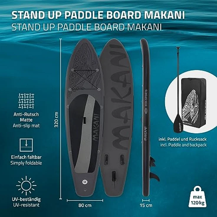 ECD Germany Aufblasbares Stand Up Paddle Board Makani | 320x82x15 cm | Schwarz | PVC | bis 150 kg | Pumpe Tragetasche Zubehör – Bild 2