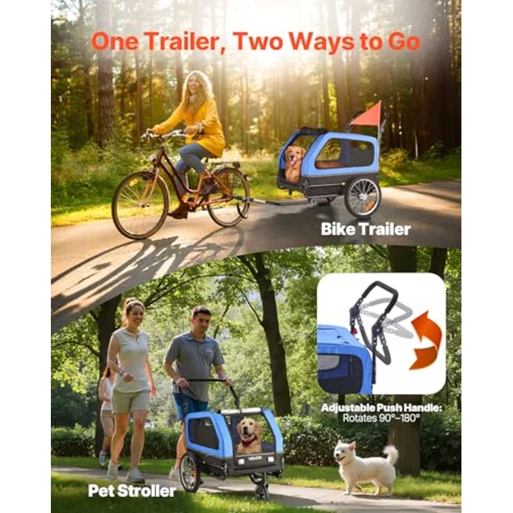 VEVOR Hundeanhänger PTS22-C, 2-in-1 Fahrradanhänger für Hunde bis 40 kg, klappbarer Rahmen, universelle Fahrradkupplung, inkl. Flagge und interner Leine, 1380x755x800 mm – Bild 7