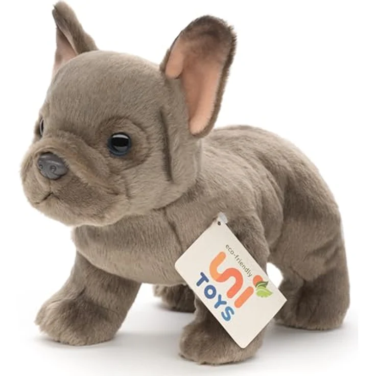 Uni-Toys Französische Bulldogge grau, Plüsch-Hund 26 cm, hochwertiges Kuscheltier ohne Leine aus 100 % recyceltem Polyester – Bild 2