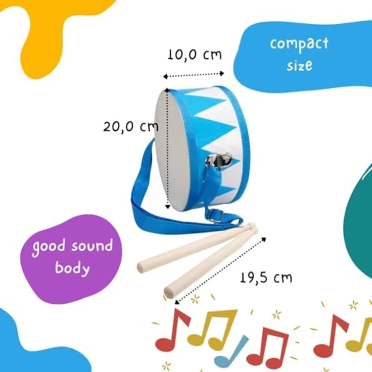 GICO Kindertrommel blau-weiß, Musikinstrument aus Holz, D: 20 cm mit Trageriemen und 2 Sticks – Bild 4