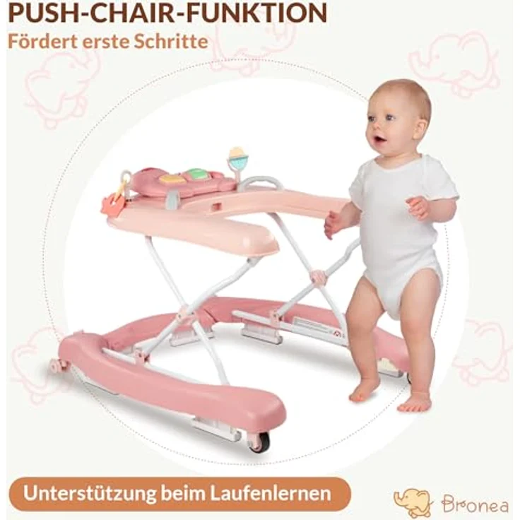 Bronea 5-in-1 Babywalker Gehfrei | Lauflernhilfe mit Schaukelfunktion, Musik & Licht | Höhenverstellbar | Klappbar | Rosa – Bild 4