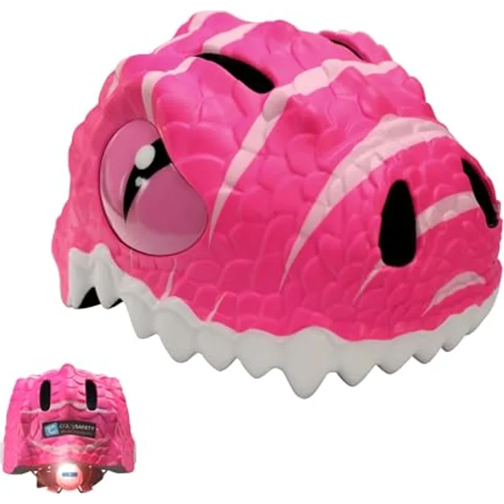 Crazy Safety Kinder Fahrradhelm | Verstellbarer 3D Tierhelm 49-55 cm | LED-Rücklicht | 6 Belüftungsöffnungen | Dino Rosa