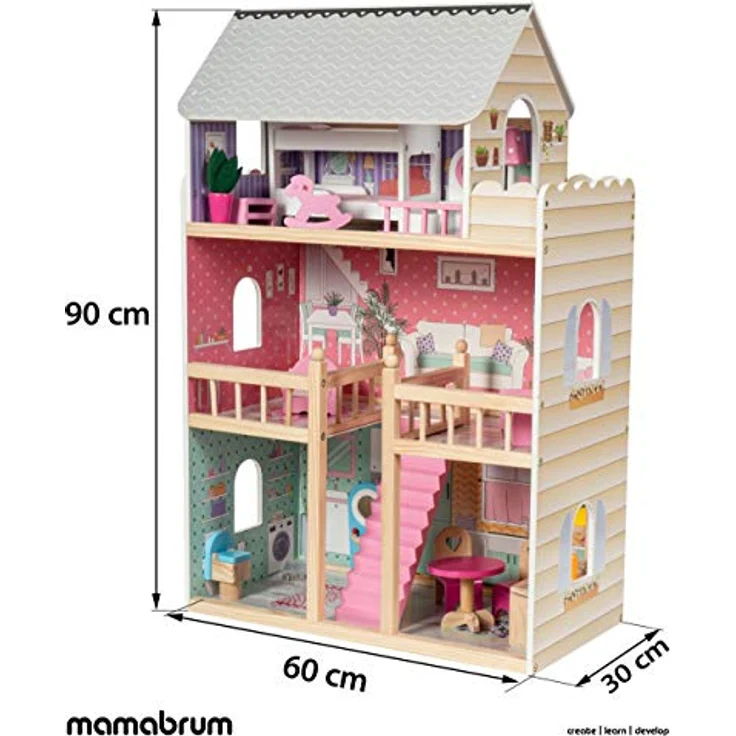 mamabrum Großes HOLZPUPPENHAUS (MDF) mit LED-Beleuchtung, Pastellfarben, 3 Etagen, 15 Möbelstücke | Geschenk für EIN Mädchen, ab 3 Jahre – Bild 4