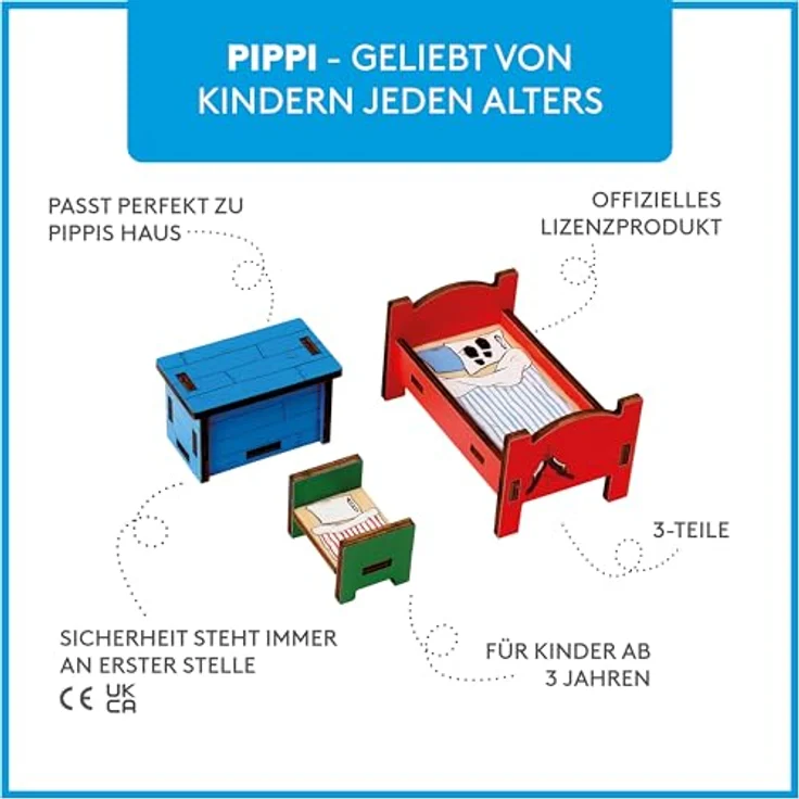 Pippi Langstrumpf Schlafzimmermöbel Set, Puppenhauszubehör mit Bett und Schatzkiste für Pippi und Herr Nilsson, 3 Teile – Bild 3