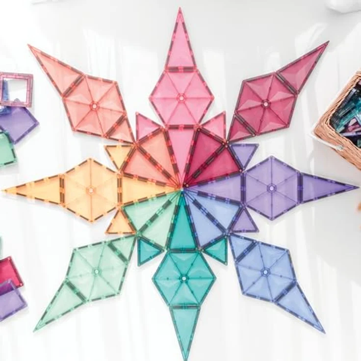 Connetix Fliesen 202-teiliges Pastell Mega Pack, pädagogisches magnetisches Bauset mit großen Sechsecken und Quadraten, Tür- und Fensterstücke, Zäune und 2 Autos mit Gummirädern – Bild 5