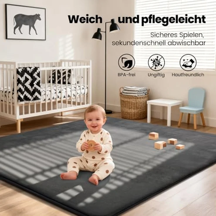 Tuocal Krabbelmatte Baby Spielmatte 150x180x3cm, Dunkelgrau, extra dicke Schaumstoffpolsterung, rutschfeste Unterseite, OEKO-TEX zertifiziert – Bild 4