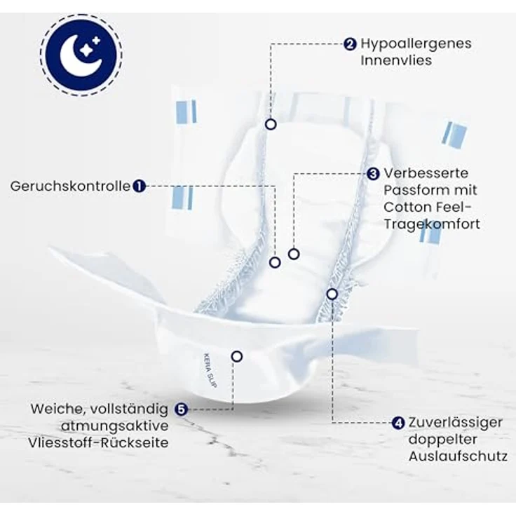 Kera Windeln Inkontinenz Slip MAXI NIGHT PREMIUM saugstarke Windeln für Erwachsene (Atmungsaktiv, doppelter Auslaufschutz, 80-St., Cotton Feel), Nachtgebrauch – Bild 2