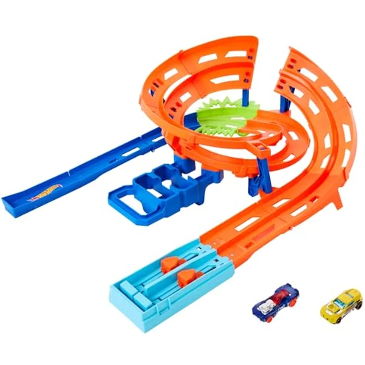 Hot Wheels Steilkurven-Rennstrecke, Trackset mit 2 Fahrzeugen im Maßstab 1:64, einfache Aufbewahrung, Modell HTK17 – Bild 1